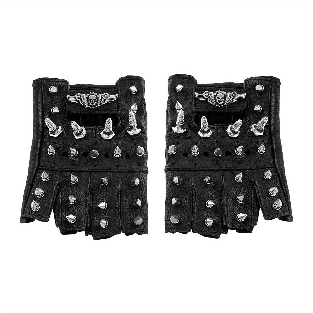 Gloves - Steampunk Leather Fingerless Men Motorcycle Biker with Rivet Chain - product detail view 7