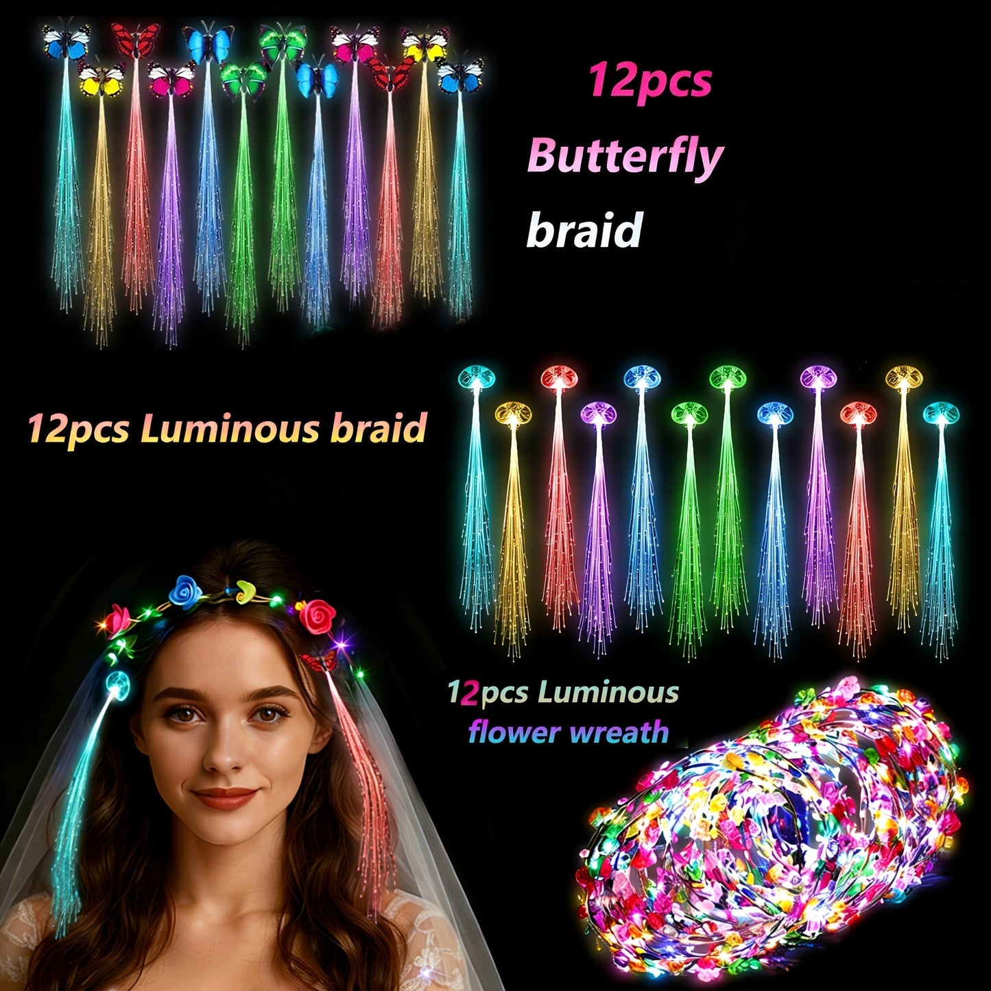 Hair Accessories - LED Light Up Set 36pcs Luminous Glow Bundle Flower Garland Crown, Fiber - product detail view 10