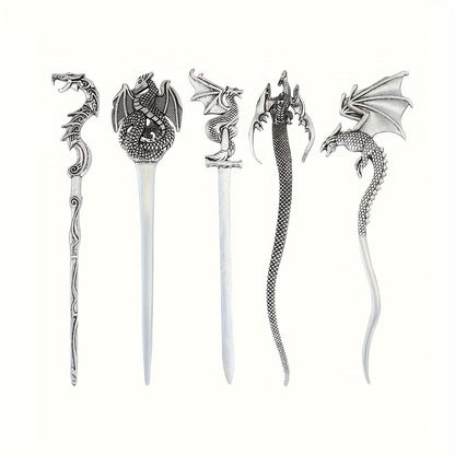 Hair Accessories - Viking Dragon Sticks for Women Set of 5 Antique Silver Metal Hairpins - product detail view 9
