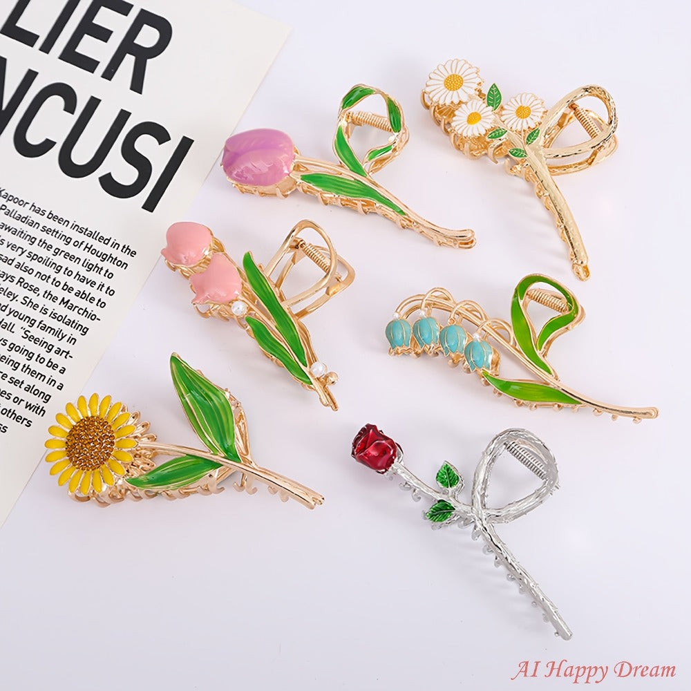 Hair Clips for Women - Metal 6pcs Large Tulip Renaissance Flower Anti-Slip Claw for Thick Thin - product detail view 3