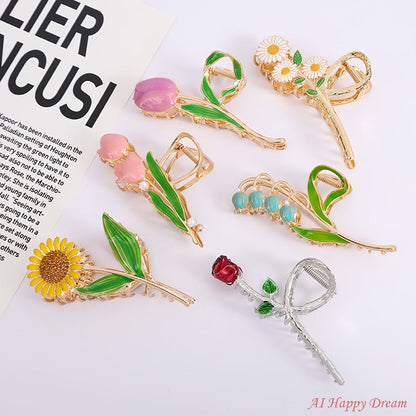 Hair Clips for Women - Metal 6pcs Large Tulip Renaissance Flower Anti-Slip Claw for Thick Thin - product detail view 3