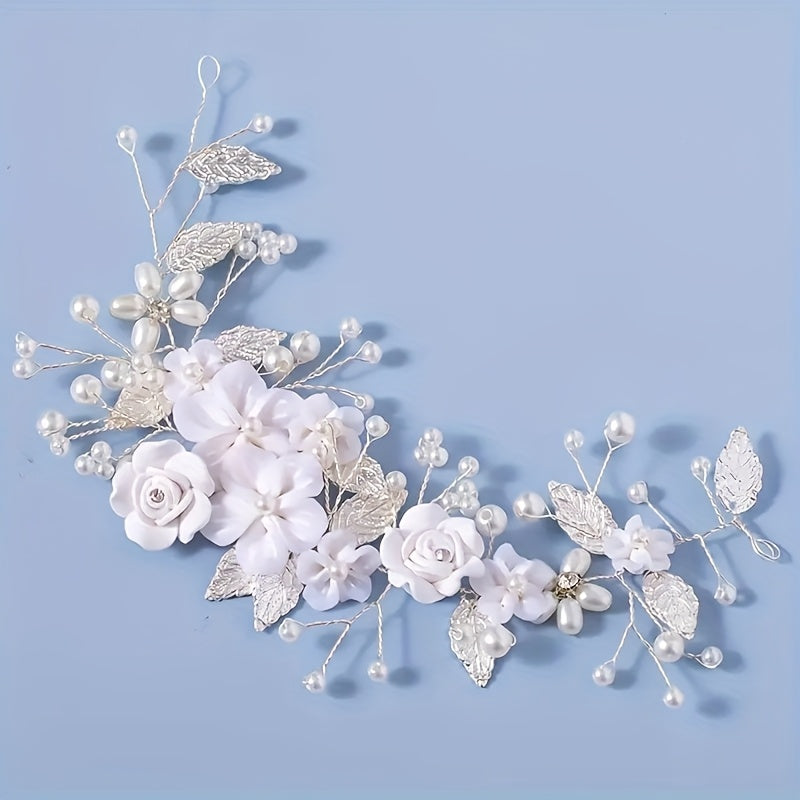Hair Clips for Women - Pearl Floral Bridal Accessory - Artificial Pearl Leaf Wedding Headpiece - product detail view 9