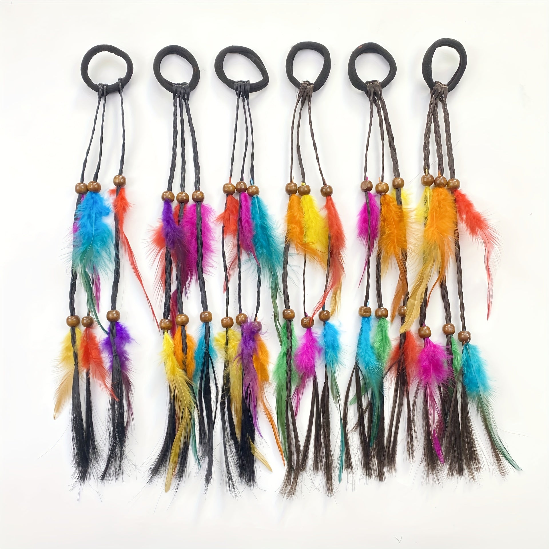 Hair Ties & Hair Ropes - Feather Set 6 Pieces Colorful Boho Ribbon Braid Rope Bands Loops Mixed - product detail view 7