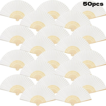 Hand Fans - Paper Folding Bulk White Handheld Bamboo Handle 20/50/65 Pack for Wedding - product detail view 5