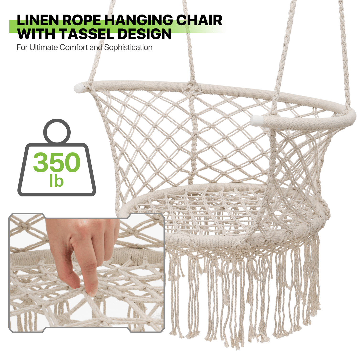 Hanging Swing Chair with Macrame Weave and Armrests for Bedroom detail image - detail view 4