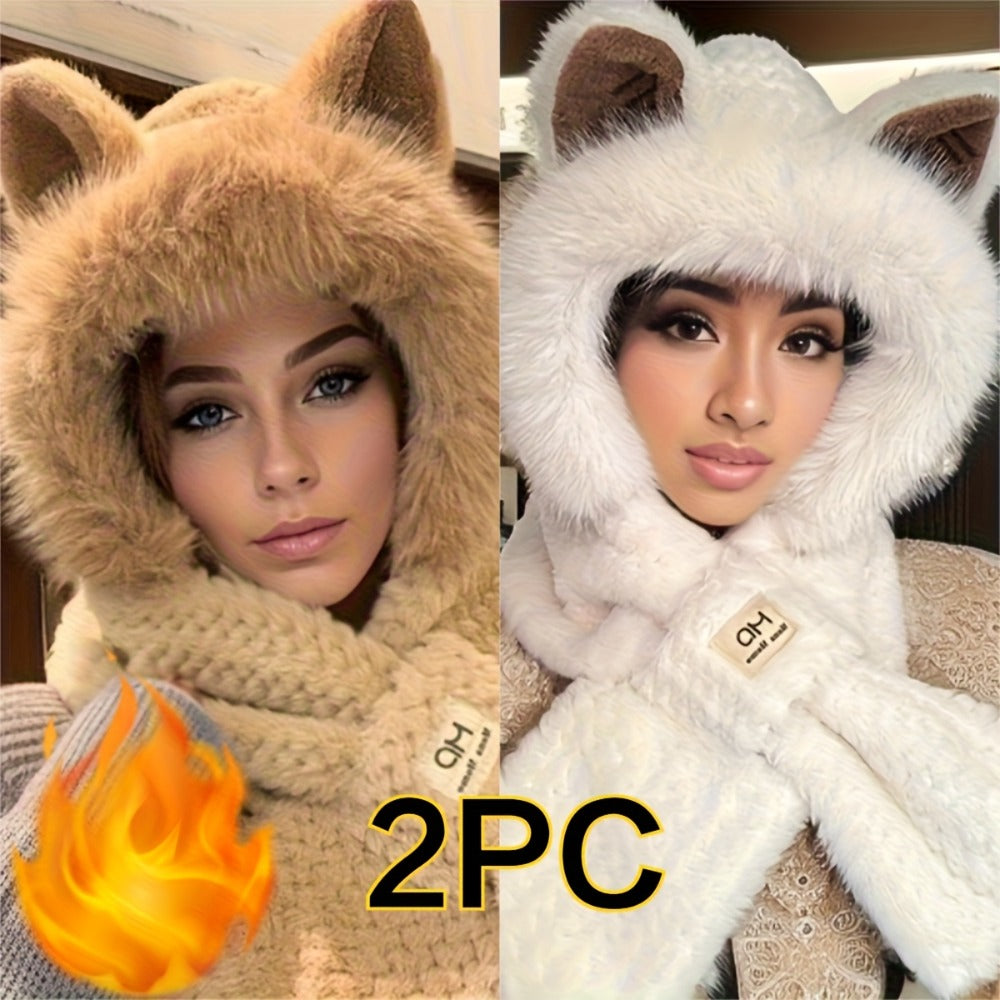 Hats & Scarves - Hooded Scarf Hat Set 2 Pack Plush Cartoon Ear Warm Winter Hat Windproof - product detail view 3