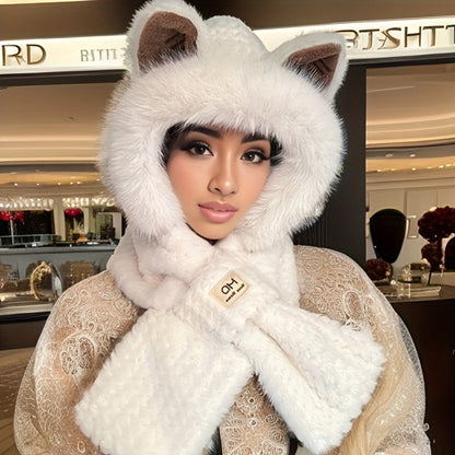 Hats & Scarves - Hooded Scarf Hat Set 2 Pack Plush Cartoon Ear Warm Winter Hat Windproof - product detail view 4