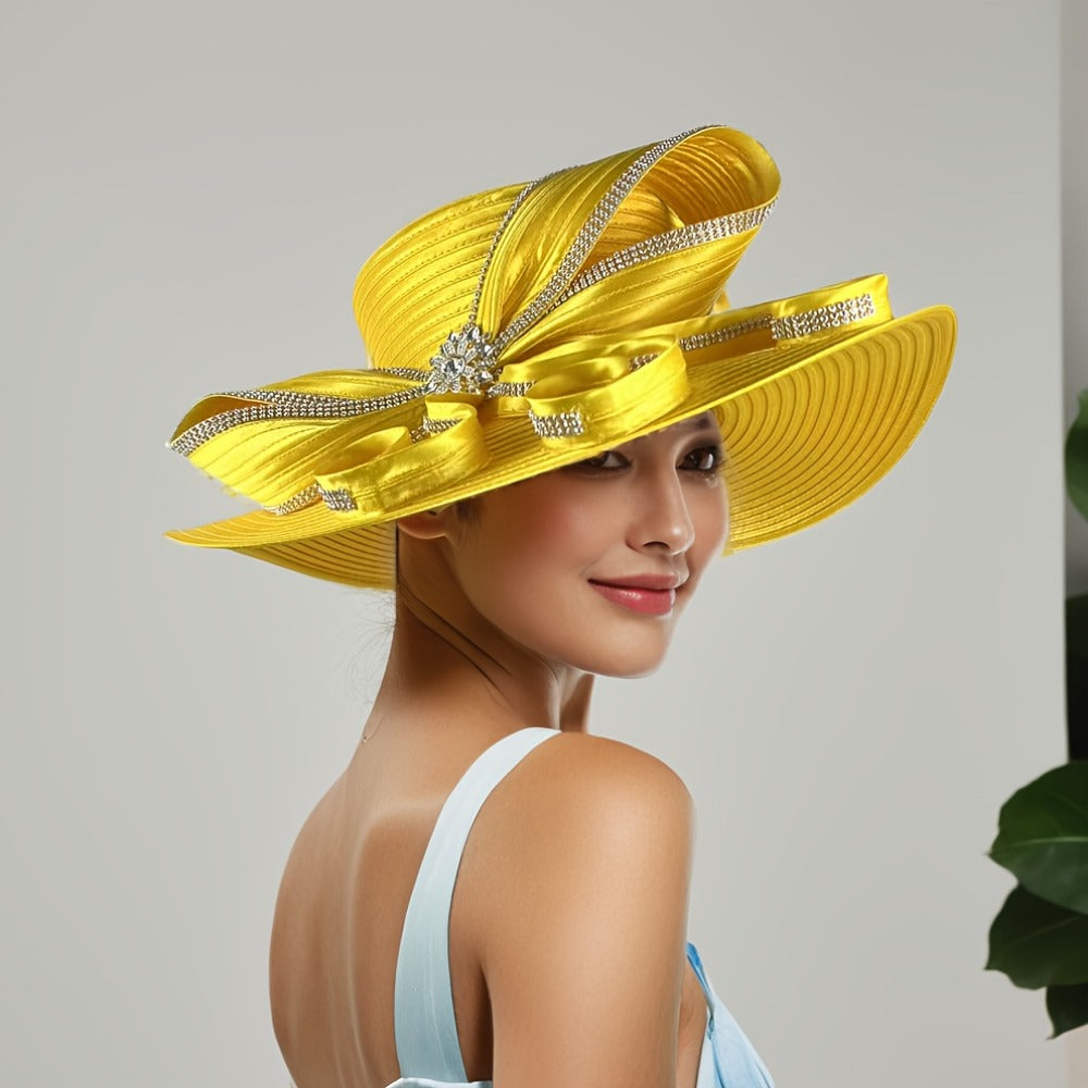 Hats - Wide Brim Ladies Church Hat - Rhinestone Decorated Elegant Women - product detail view 3