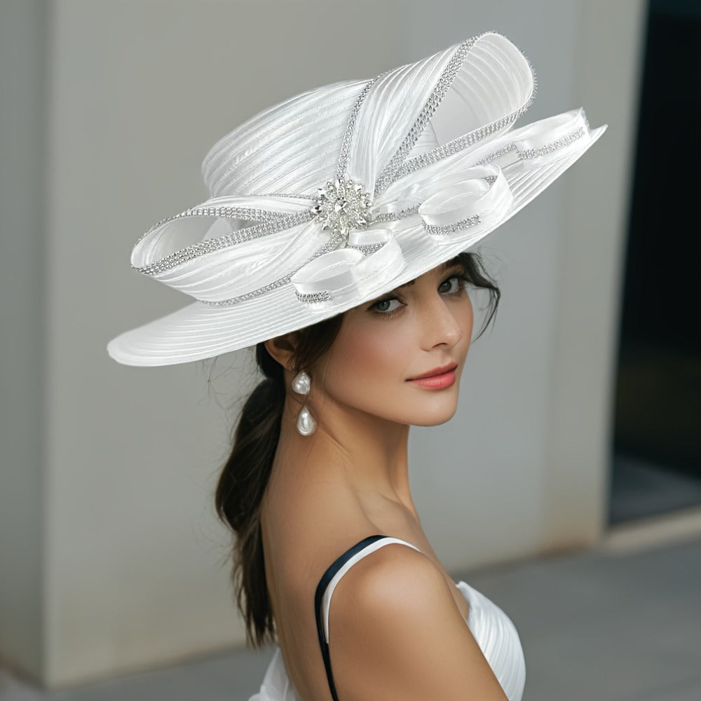 Hats - Wide Brim Ladies Church Hat - Rhinestone Decorated Elegant Women - product detail view 5