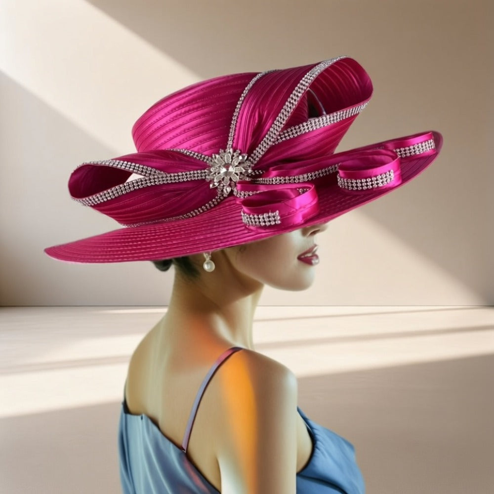 Hats - Wide Brim Ladies Church Hat - Rhinestone Decorated Elegant Women - product detail view 6
