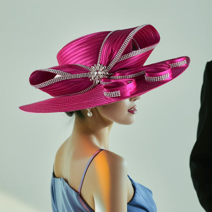Hats - Wide Brim Ladies Church Hat - Rhinestone Decorated Elegant Women - product detail view 7
