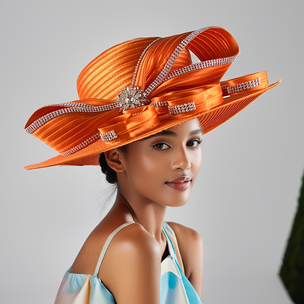Hats - Wide Brim Ladies Church Hat - Rhinestone Decorated Elegant Women - product detail view 8