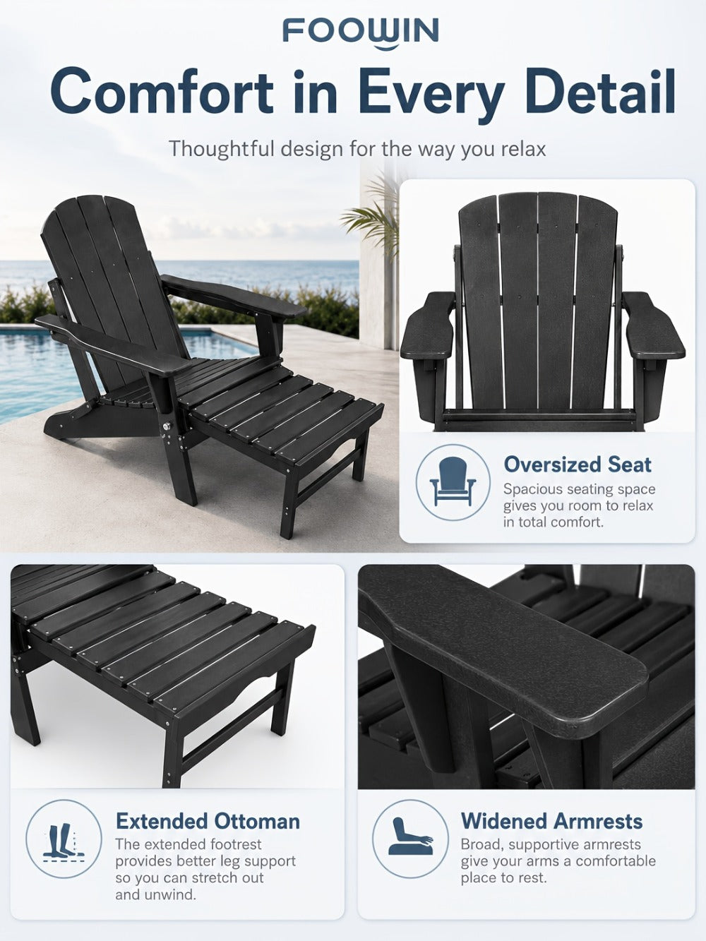 HDPE Adirondack Chair with Weather-Resistant Finish and Adjustable Backrest for Patio detail image - detail view 34