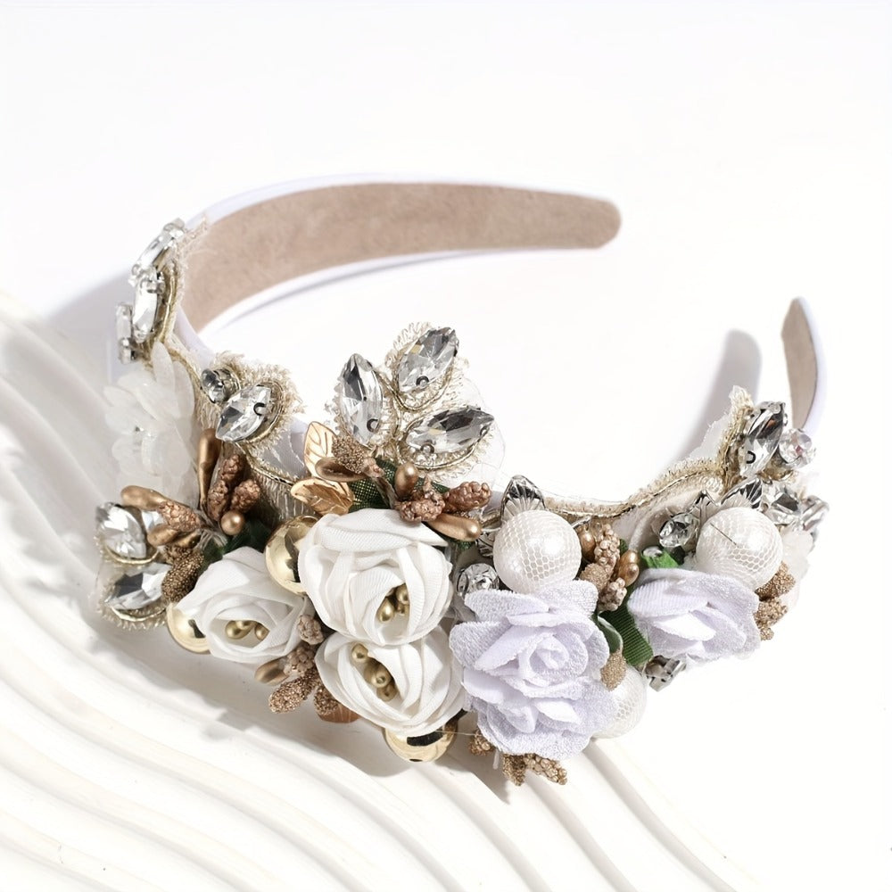 Headband for Women - Pearl Rhinestone for Baroque Floral Fabric Hair Band Sparkling Crystal - product detail view 3