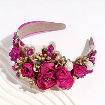 Headband for Women - Pearl Rhinestone for Baroque Floral Fabric Hair Band Sparkling Crystal - product detail view 6