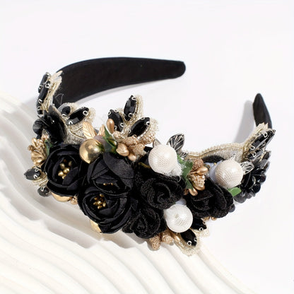 Headband for Women - Pearl Rhinestone for Baroque Floral Fabric Hair Band Sparkling Crystal - product detail view 7
