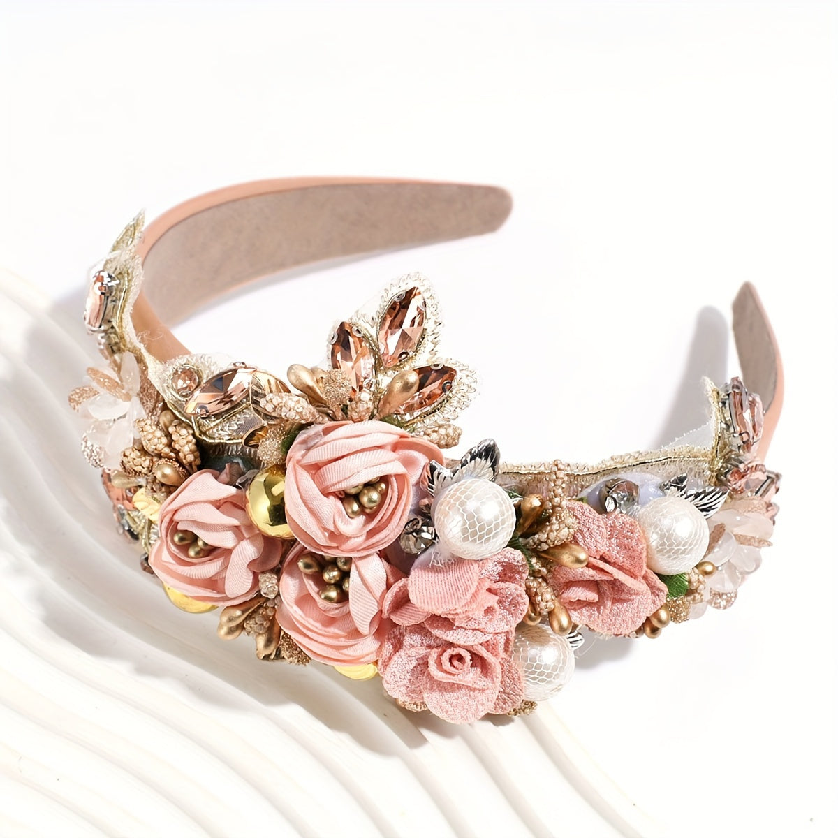 Headband for Women - Pearl Rhinestone for Baroque Floral Fabric Hair Band Sparkling Crystal - product detail view 9