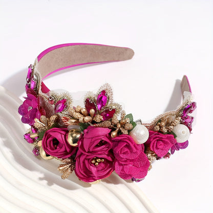 Headband for Women - Pearl Rhinestone for Baroque Floral Fabric Hair Band Sparkling Crystal - product detail view 10