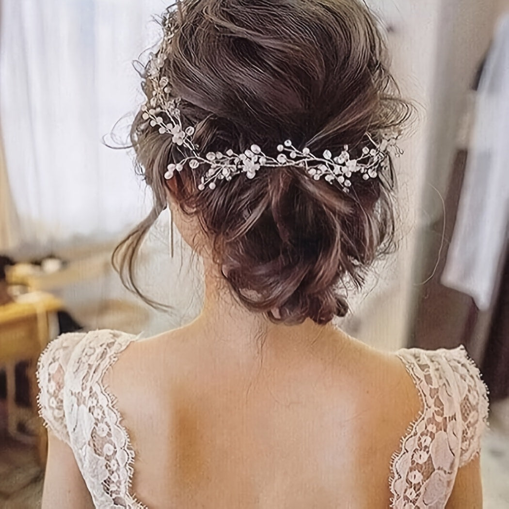 Headband for Women - Pearl Rhinestone Bridal Silver Soft Chain Imitation Pearl Hair Band - product detail view 9