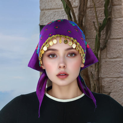Headscarves & Bandanas - Peony Floral Headscarf with Golden Sequin Trim Lightweight Breathable - main product view