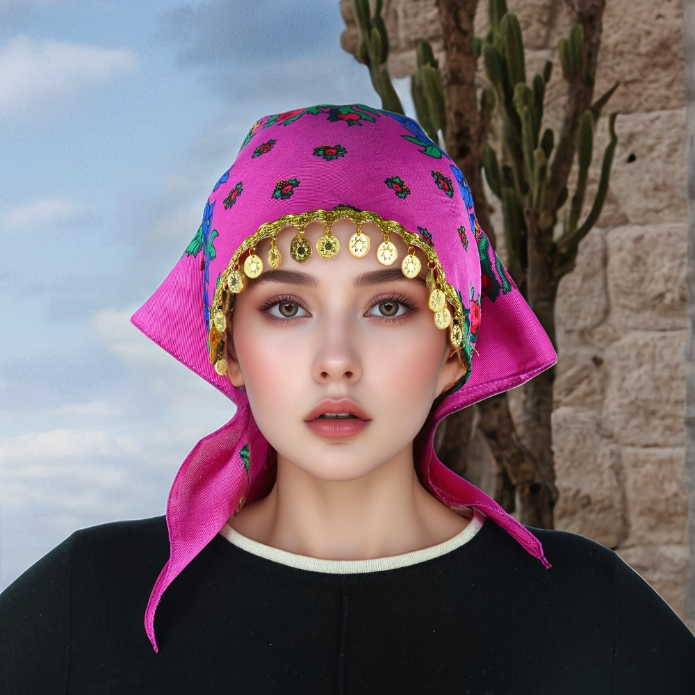 Headscarves & Bandanas - Peony Floral Headscarf with Golden Sequin Trim Lightweight Breathable - product detail view 8