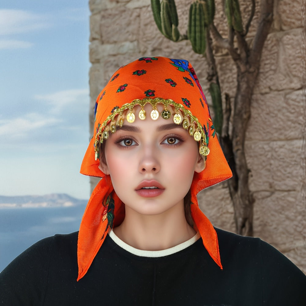 Headscarves & Bandanas - Peony Floral Headscarf with Golden Sequin Trim Lightweight Breathable - product detail view 9