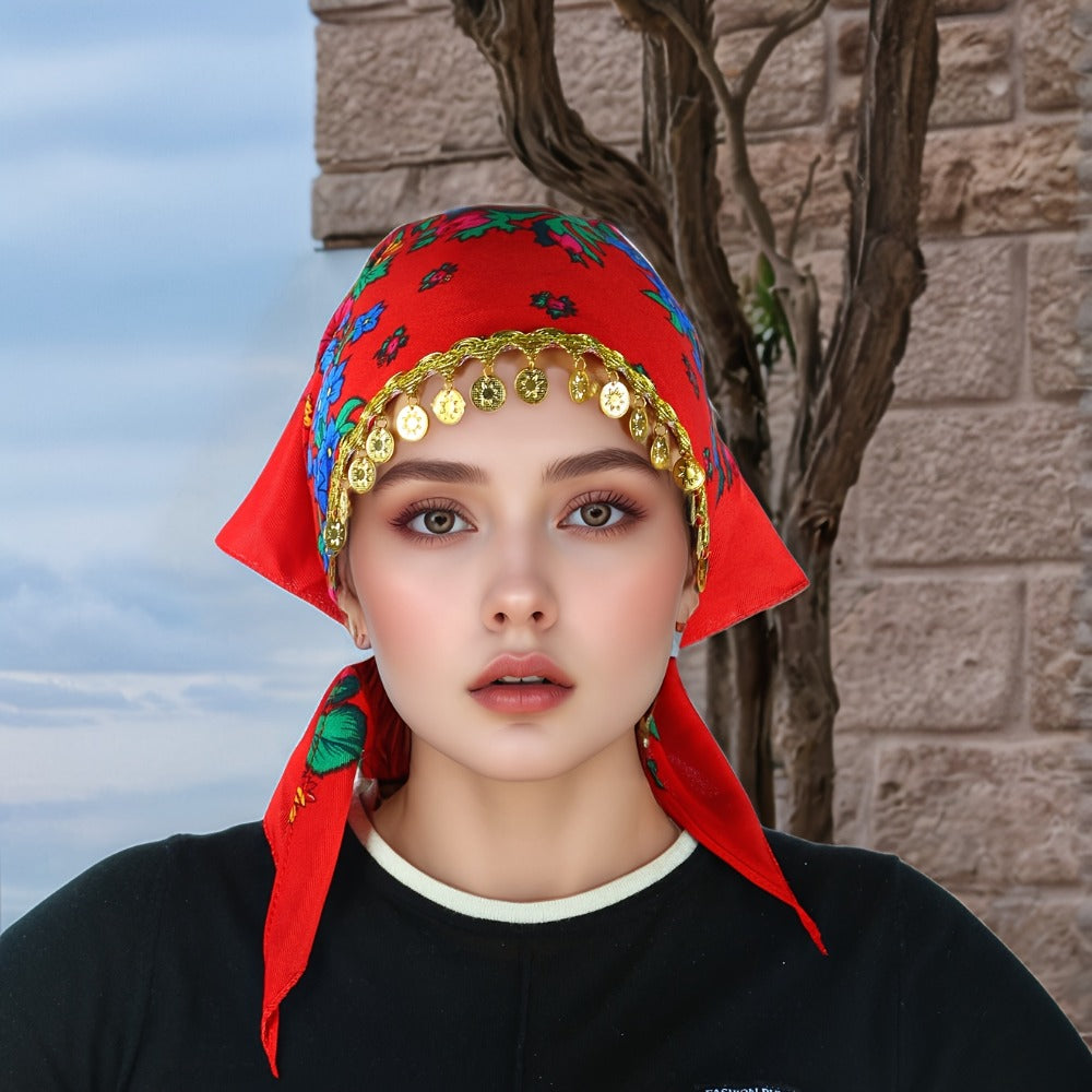 Headscarves & Bandanas - Peony Floral Headscarf with Golden Sequin Trim Lightweight Breathable - product detail view 11