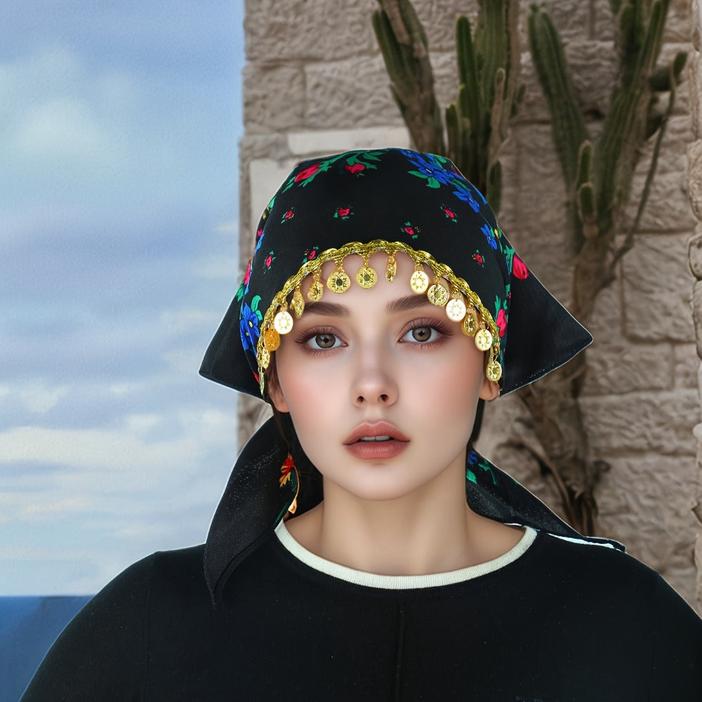 Headscarves & Bandanas - Peony Floral Headscarf with Golden Sequin Trim Lightweight Breathable - product detail view 15