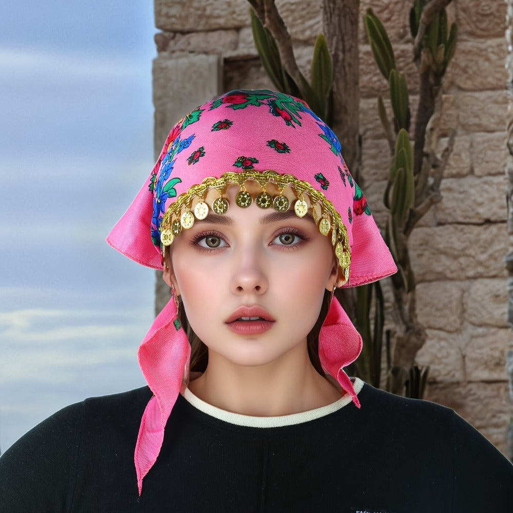 Headscarves & Bandanas - Peony Floral Headscarf with Golden Sequin Trim Lightweight Breathable - product detail view 16