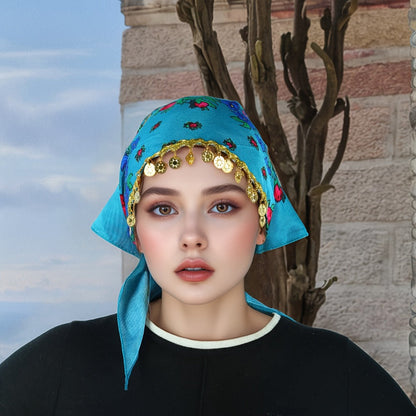 Headscarves & Bandanas - Peony Floral Headscarf with Golden Sequin Trim Lightweight Breathable - product detail view 17
