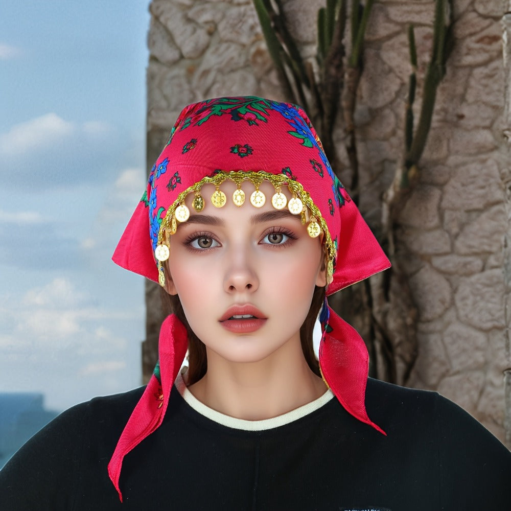 Headscarves & Bandanas - Peony Floral Headscarf with Golden Sequin Trim Lightweight Breathable - product detail view 18