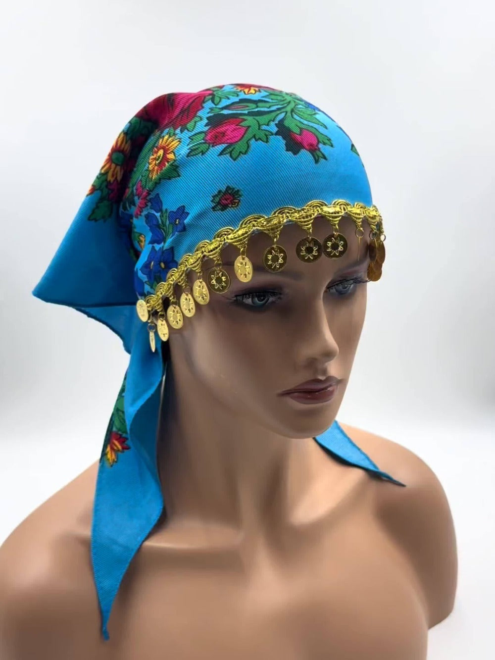 Headscarves & Bandanas - Peony Floral Headscarf with Golden Sequin Trim Lightweight Breathable - product detail view 20