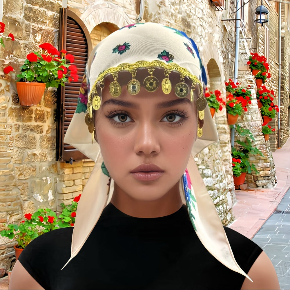 Headscarves & Bandanas - Peony Floral Headscarf with Golden Sequin Trim Lightweight Breathable - product detail view 21