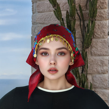 Headscarves & Bandanas - Peony Floral Headscarf with Golden Sequin Trim Lightweight Breathable - product detail view 22