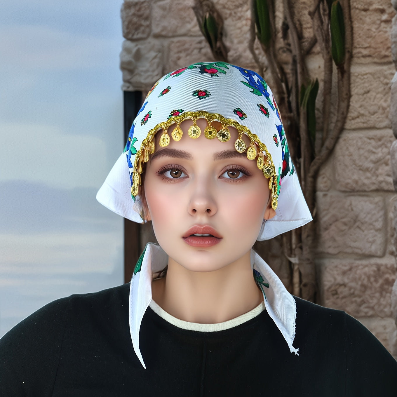 Headscarves & Bandanas - Peony Floral Headscarf with Golden Sequin Trim Lightweight Breathable - product detail view 23