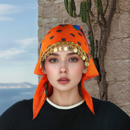 Headscarves & Bandanas - Peony Floral Headscarf with Golden Sequin Trim Lightweight Breathable - product detail view 25