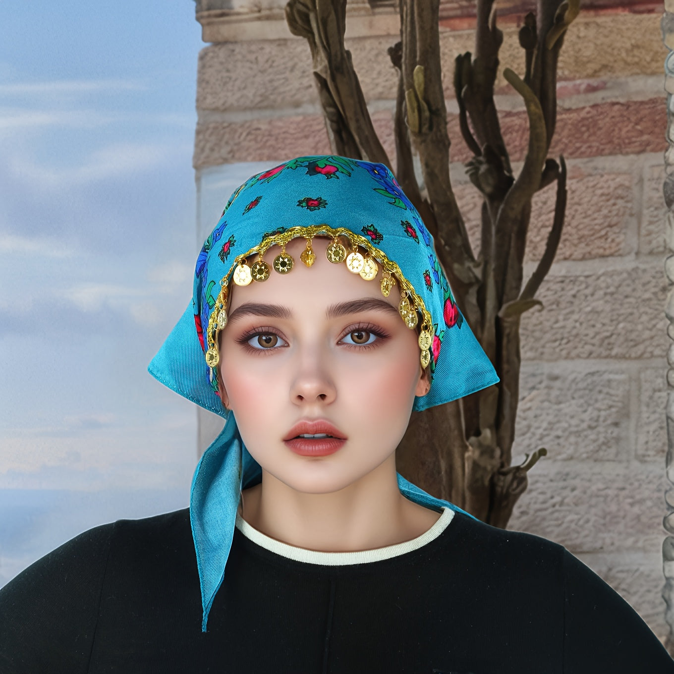 Headscarves & Bandanas - Peony Floral Headscarf with Golden Sequin Trim Lightweight Breathable - product detail view 28