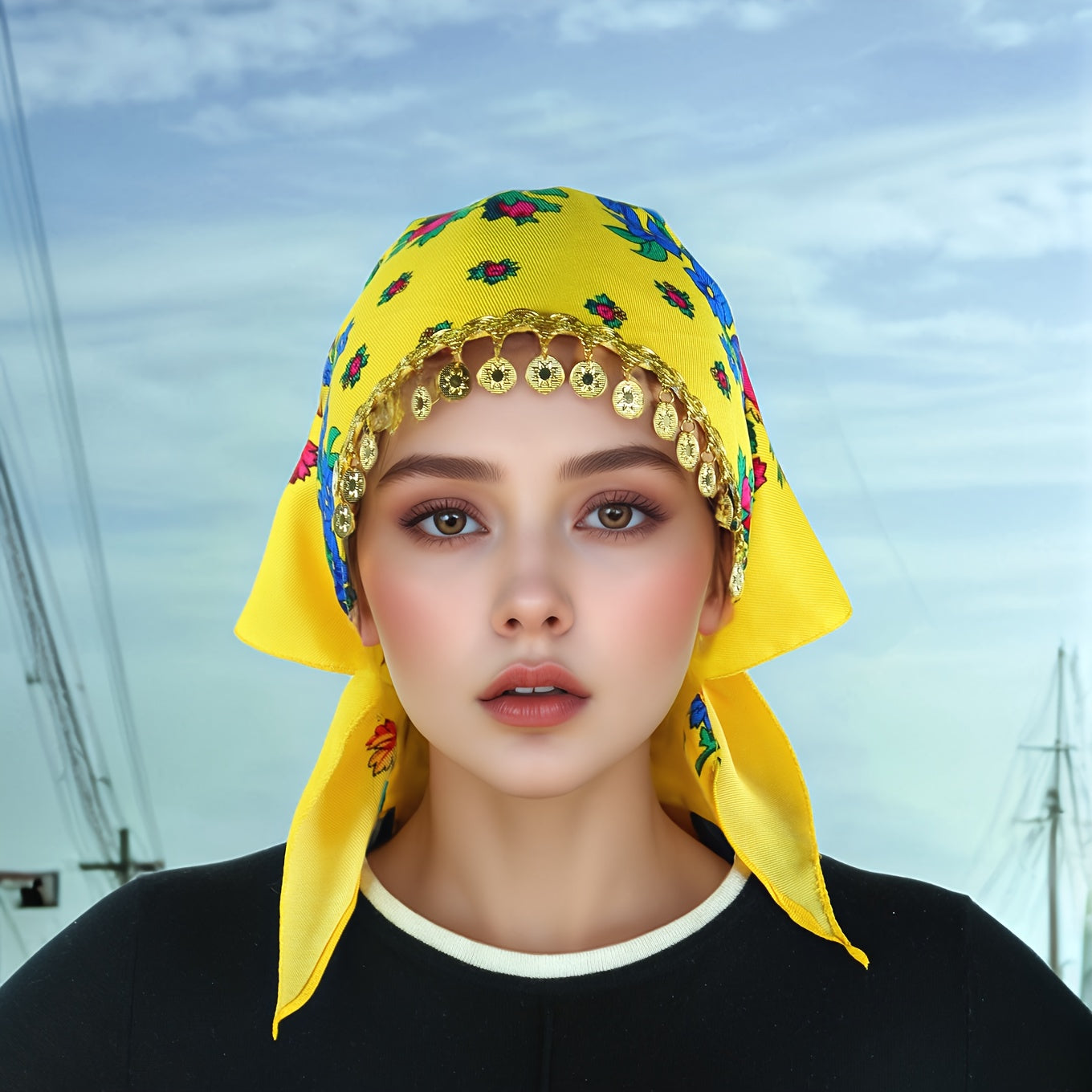 Headscarves & Bandanas - Peony Floral Headscarf with Golden Sequin Trim Lightweight Breathable - product detail view 29