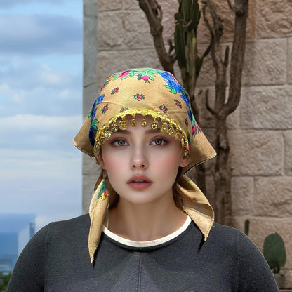 Headscarves & Bandanas - Peony Floral Headscarf with Golden Sequin Trim Lightweight Breathable - product detail view 31