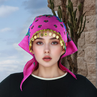 Headscarves & Bandanas - Peony Floral Headscarf with Golden Sequin Trim Lightweight Breathable - product detail view 36