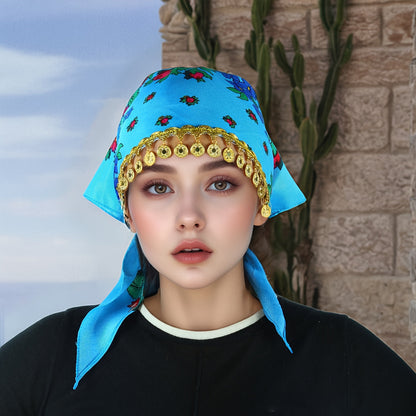 Headscarves & Bandanas - Peony Floral Headscarf with Golden Sequin Trim Lightweight Breathable - product detail view 37