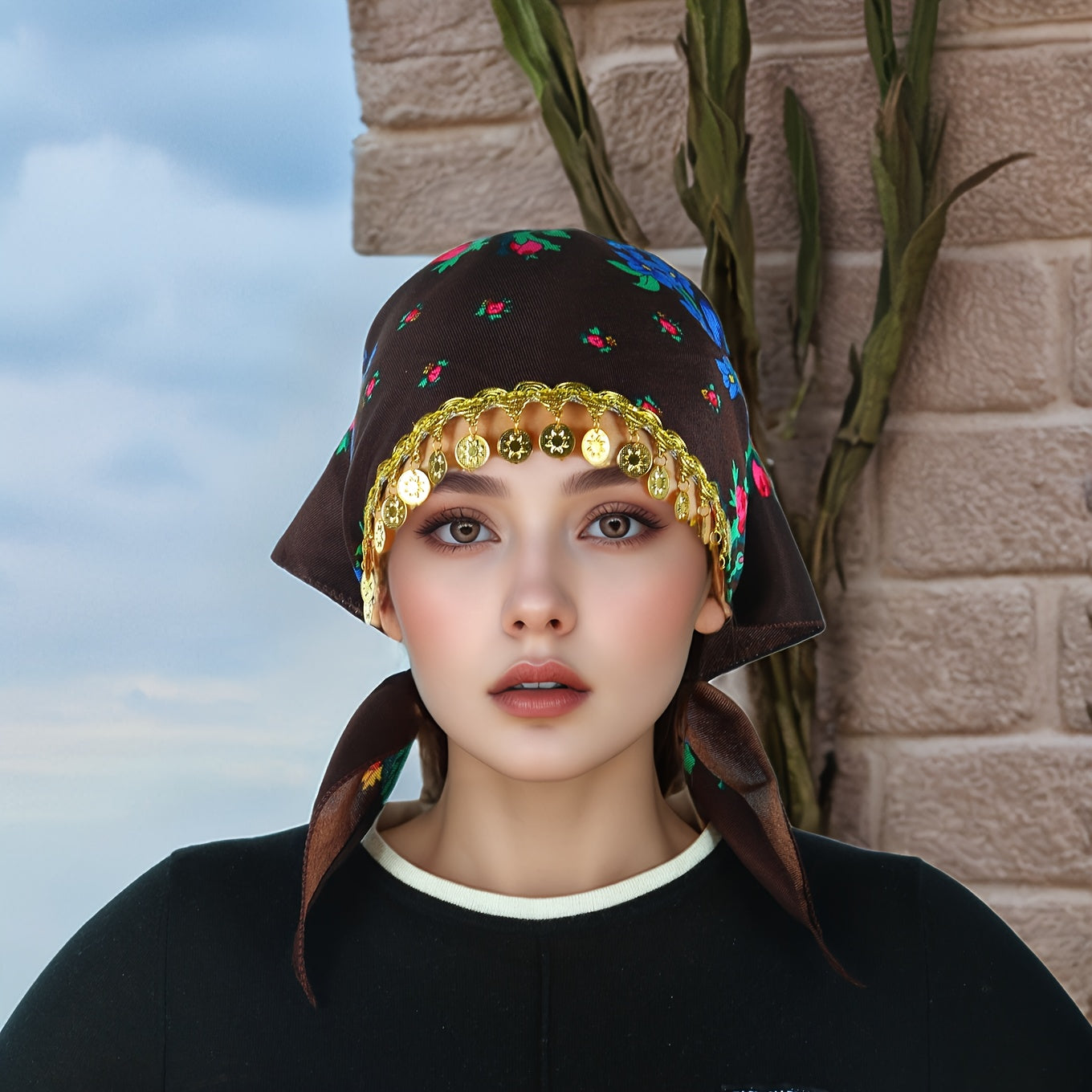 Headscarves & Bandanas - Peony Floral Headscarf with Golden Sequin Trim Lightweight Breathable - product detail view 39