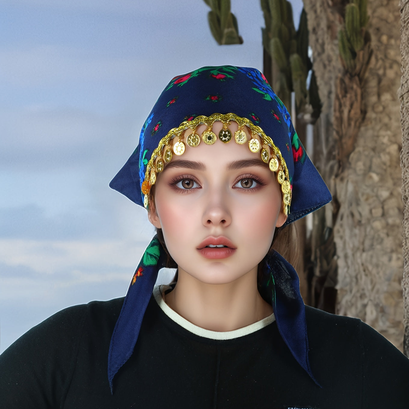 Headscarves & Bandanas - Peony Floral Headscarf with Golden Sequin Trim Lightweight Breathable - product detail view 40