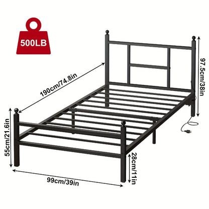 Heavy-Duty Metal Bed Frame with Charging Station and LED Lighting detail image - detail view 3