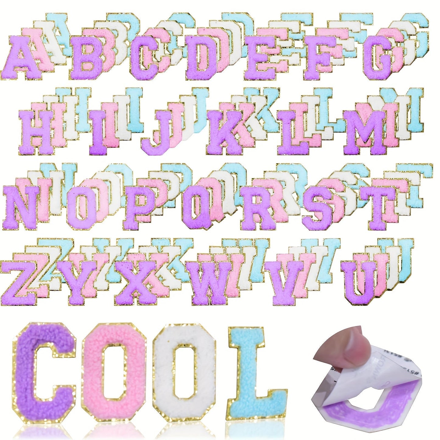 Iron-on Patches - on Letter 104pcs Non-Stick Alphabet Applique Set White Pink Purple Blue - product detail view 8