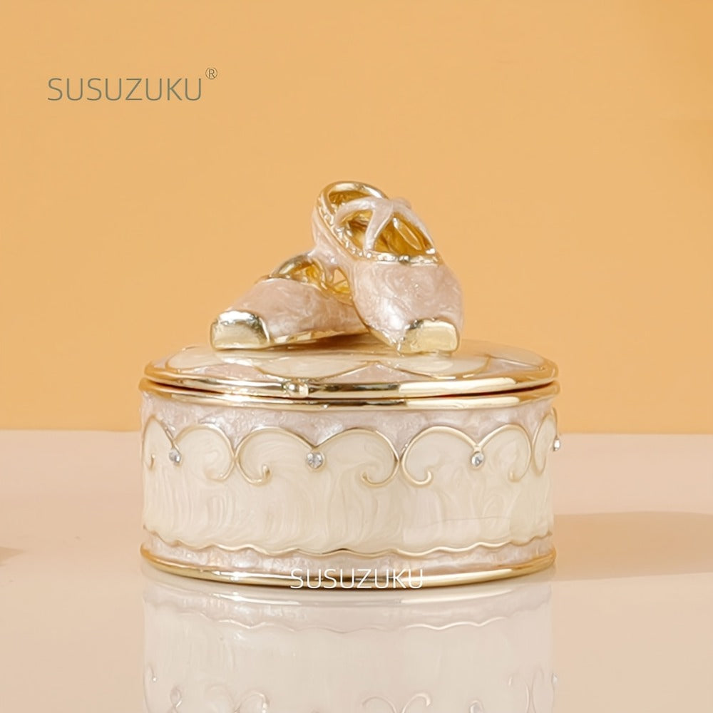 Jewelry Box - Ballet Shoes Trinket Vintage Enamel Metal Ring Holder Round Magnetic - main product view