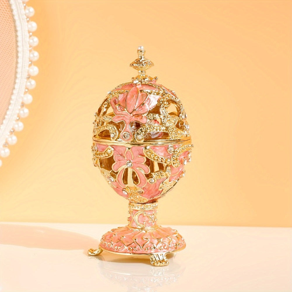 Jewelry Box - Faberge-Style Enamel Pink Vintage Metal Trinket Organizer for Rings & - product detail view 3