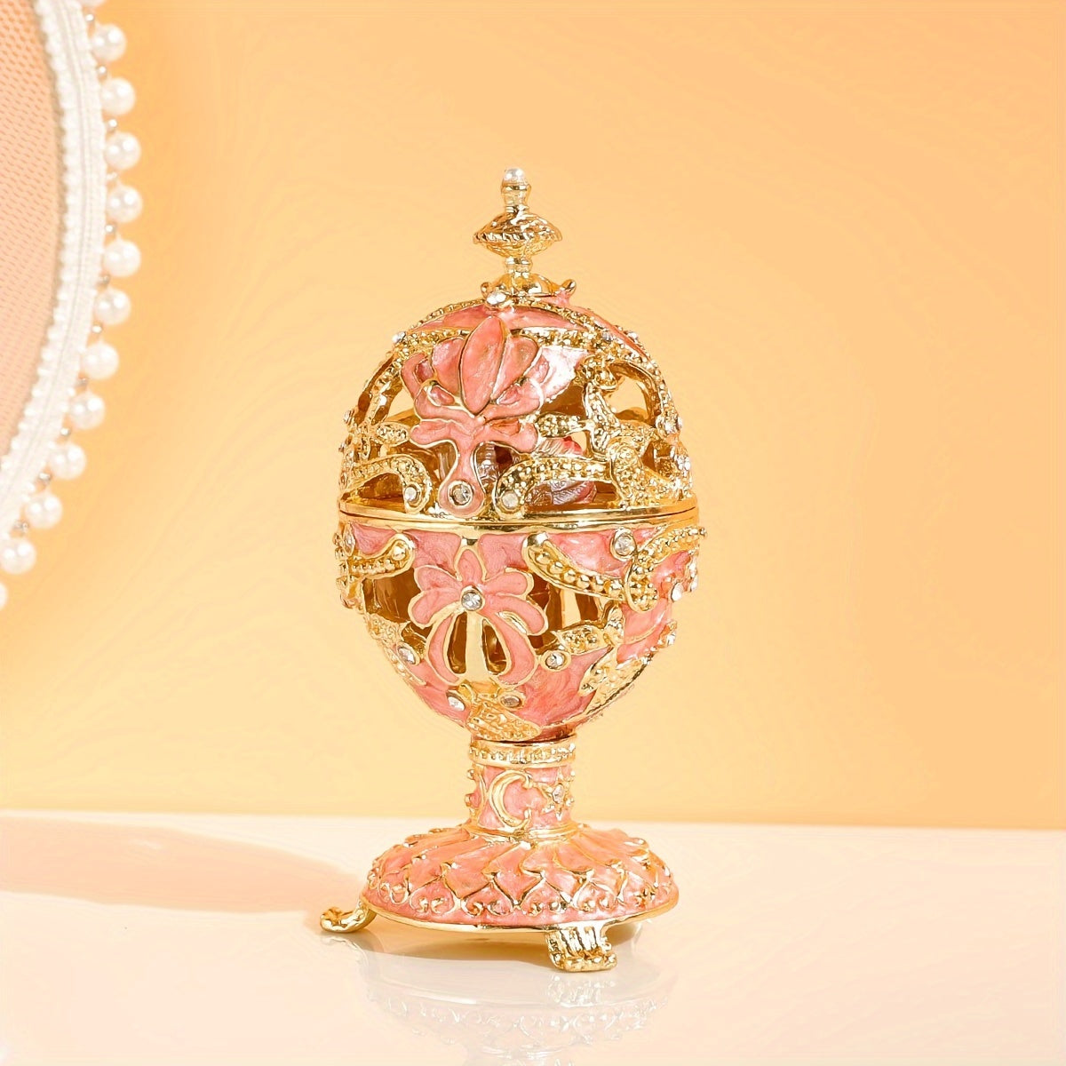 Jewelry Box - Faberge-Style Enamel Pink Vintage Metal Trinket Organizer for Rings & - product detail view 8