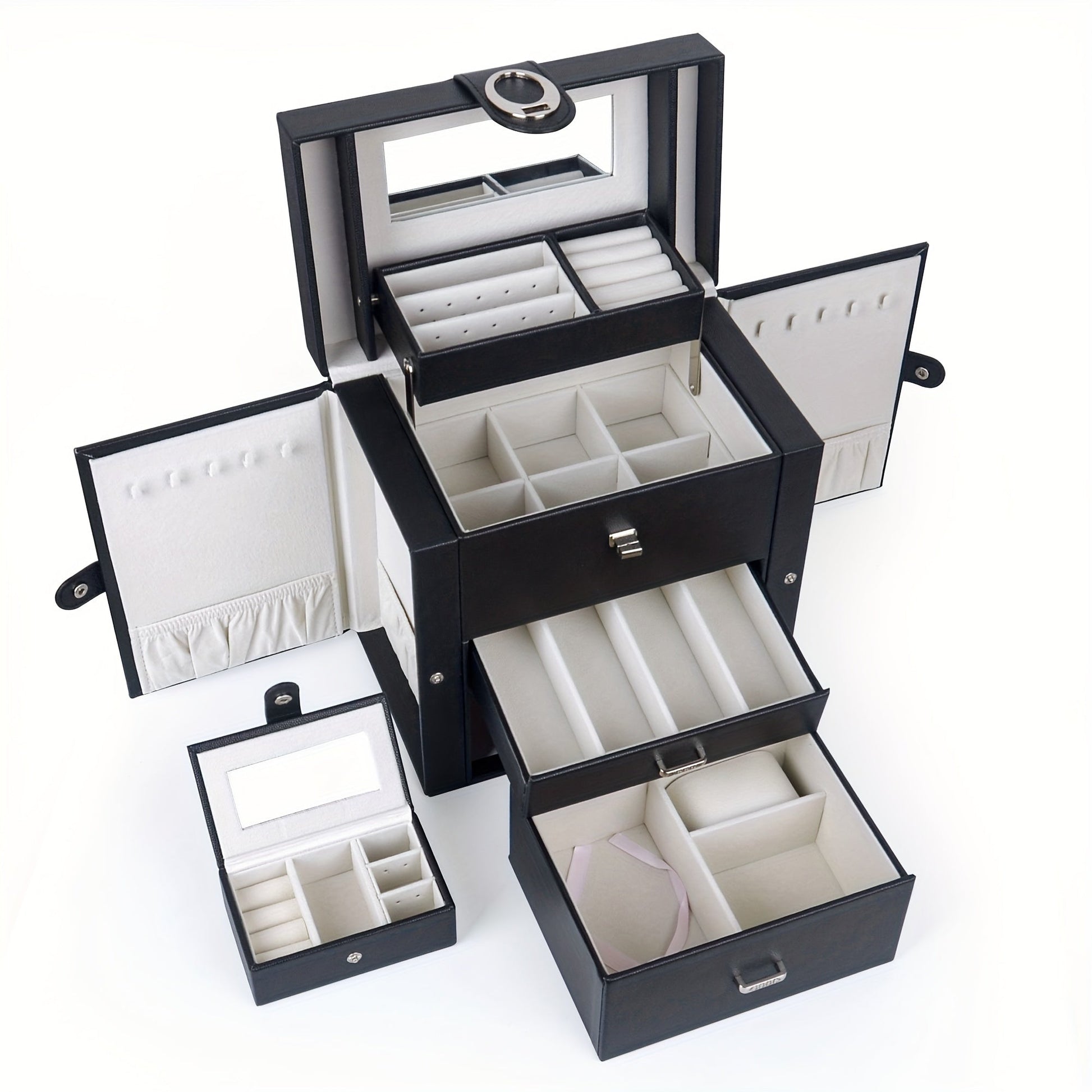 Jewelry Box - Faux Leather with Mirror & 2 Drawers Portable Travel Organizer for - product detail view 8