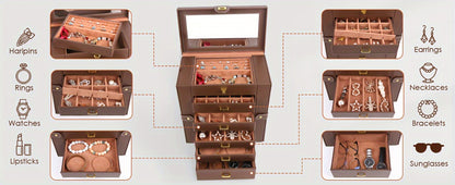 Jewelry Box - Large with Mirror PU Leather 6-Tier 5-Drawer Organizer Velvet-Lined - product detail view 7